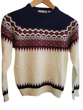 Vintage 80s JCPenney Classic Directions Fair Isle Ski Sweater Cream Navy Small